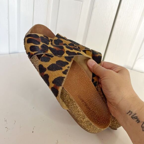 Anacapri Leather Leopard Print Pony Hair Criss Crop Wide Strappy Slip On Sandals - Picture 6 of 10